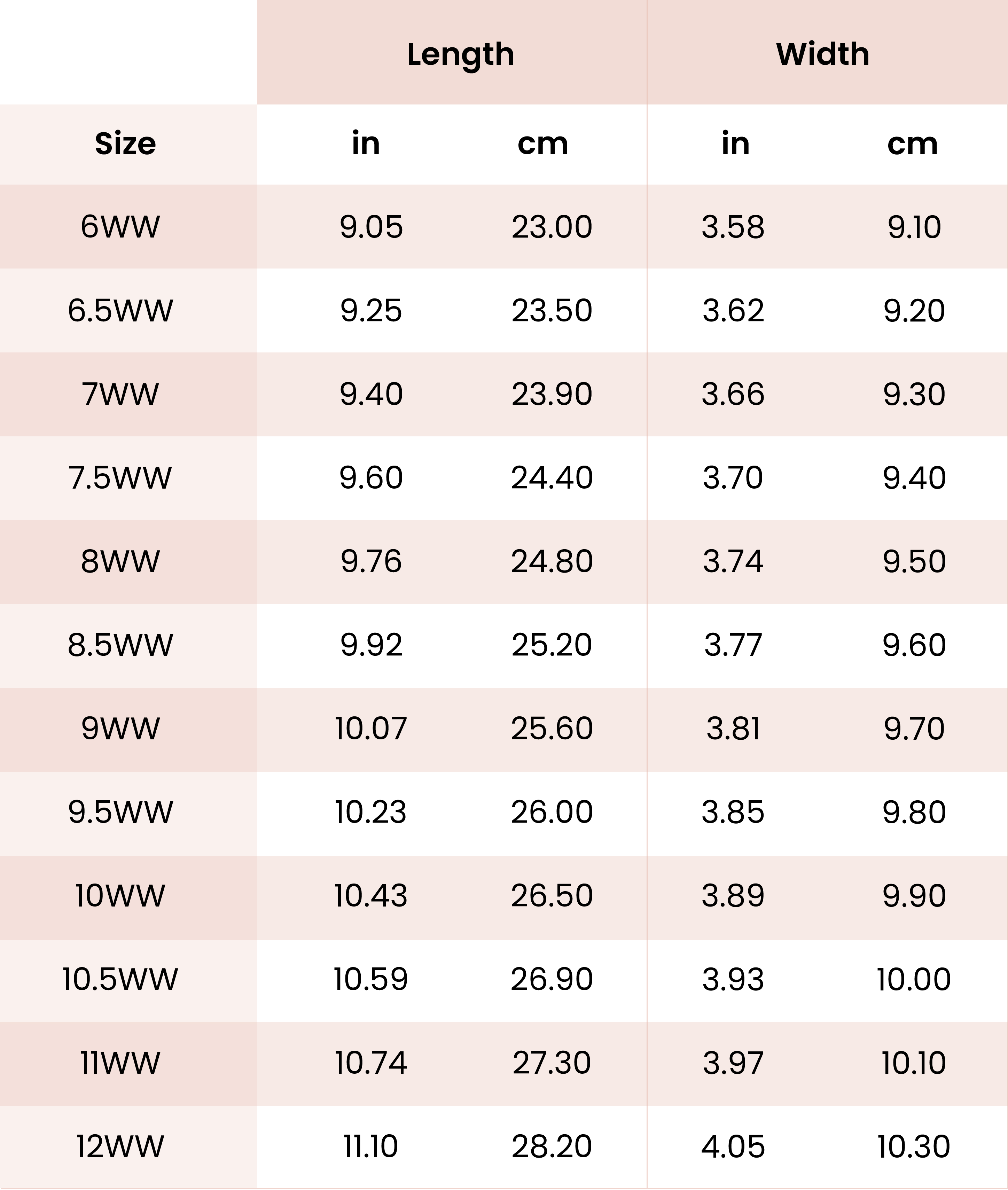 Extra wide sizechart